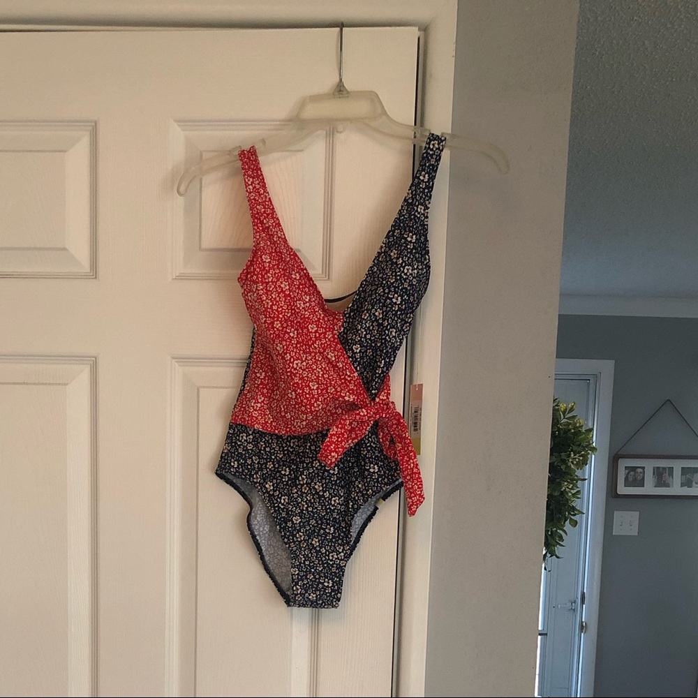 Blue and red wrap swimsuit